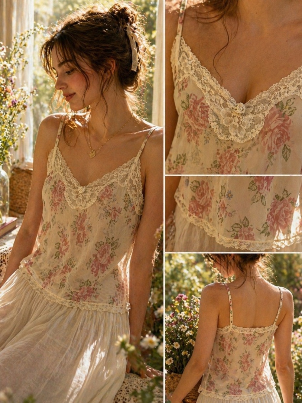 LA LINGERIE Floral Lace Cami 🌸 Sheer Cottagecore Coquette Top Y2K Vintage